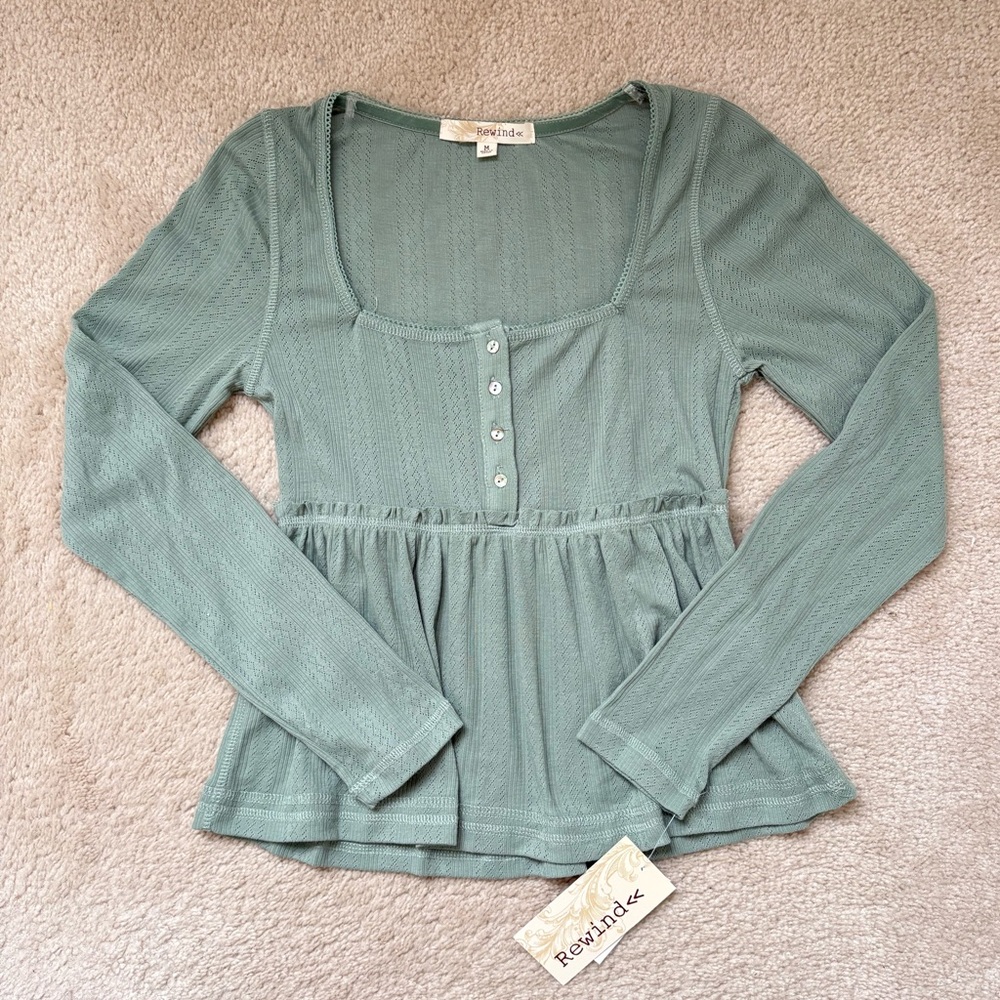 NWT BABYDOLL TOP LONG SLEEVE GREEN BLOUSE BUTTON Y2K COQUETTE COTTAGECORE M